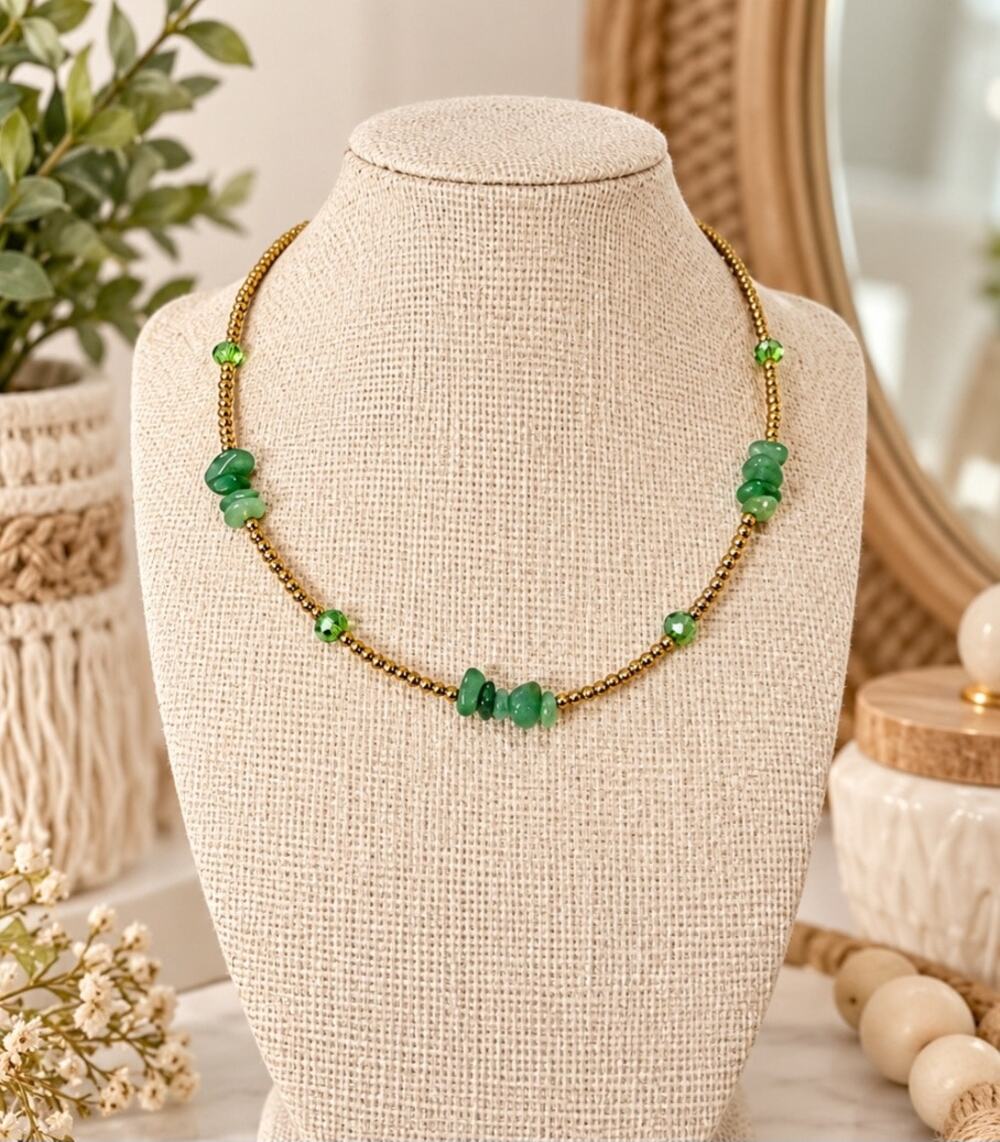 18KT Gold Plated Semi Precious Green Stone Beaded Chain